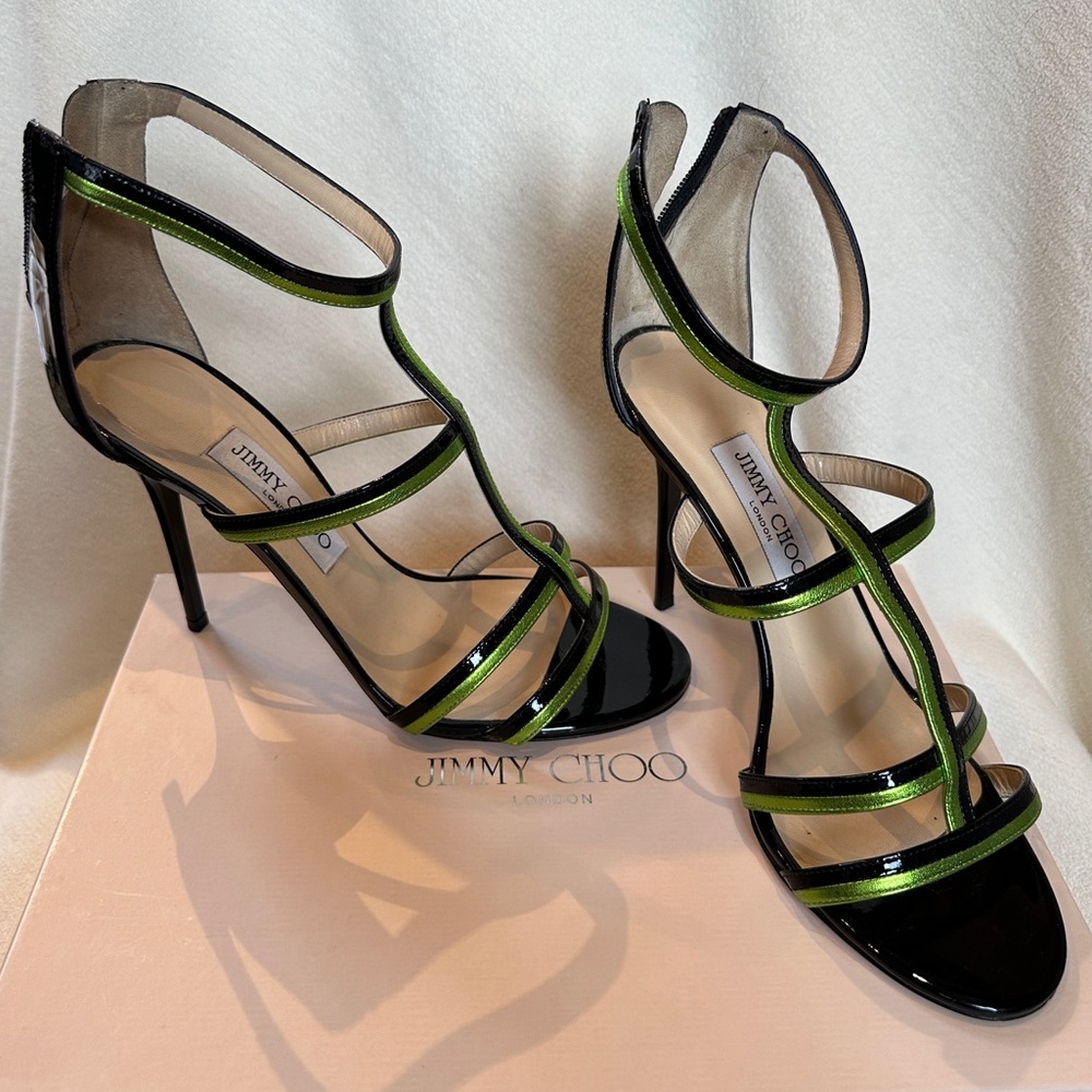 Jimmy Choo Thistle T-Strap Strappy Open Toe Pump Black Green Patent